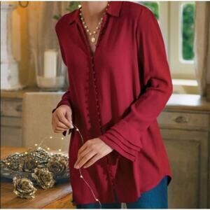 Soft Surroundings Moroccan Deep Red Rayon Crepe Poet Blouse Ruffled Sleeve Large
